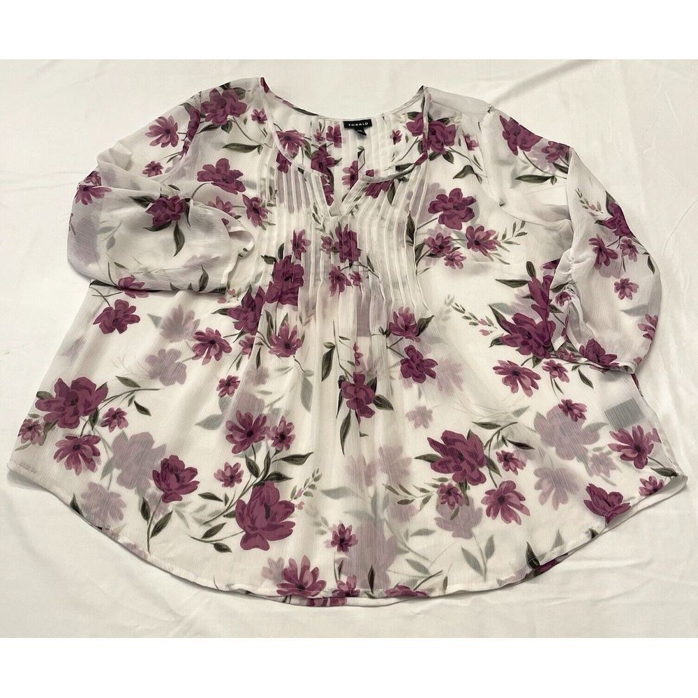 Torrid Floral Chiffon Blouse Pintuck Detail Ruched 3/4 Sleeve Flowy Women's M/L - Picture 7 of 10